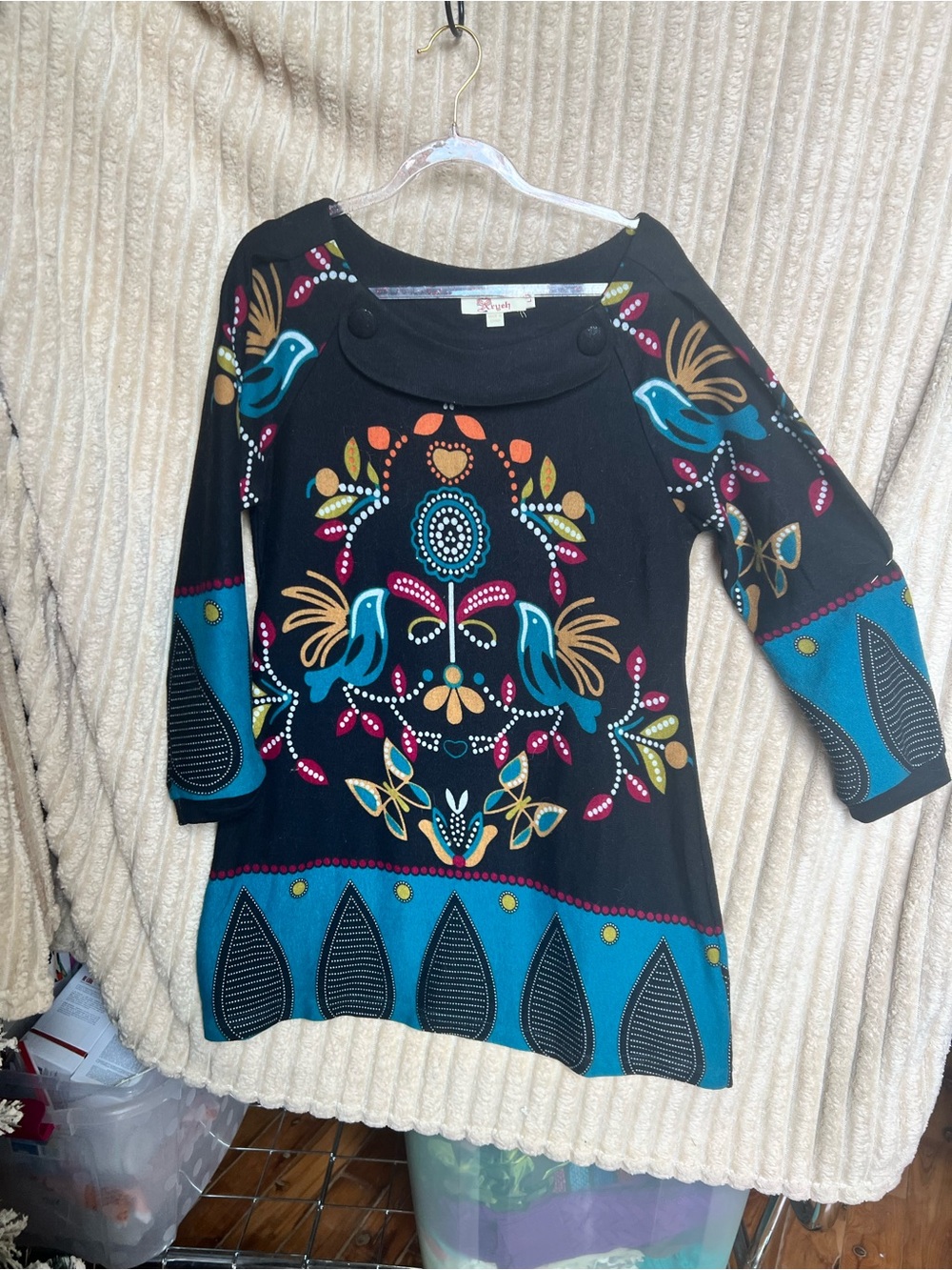Aryeh Black Tunic with Teal, Gold & Pink Folk Bird Motif Boho